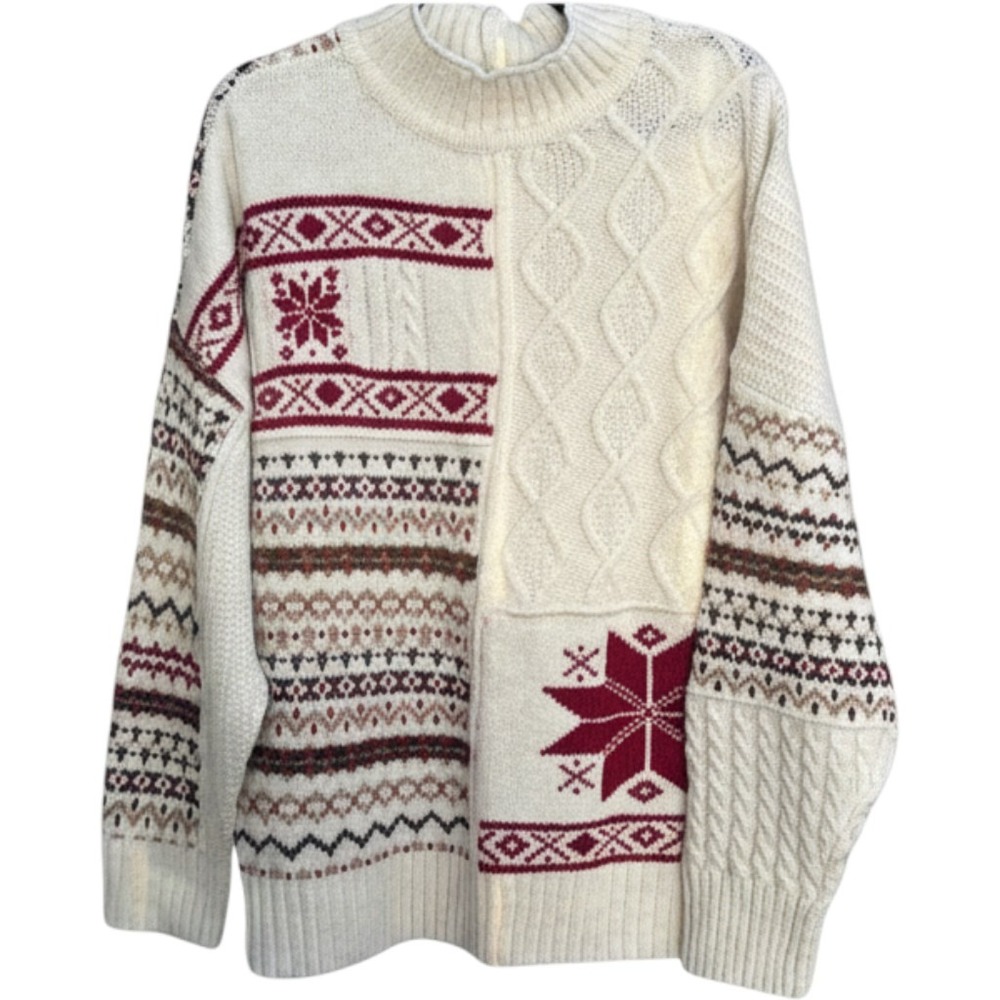 American Eagle Patchwork Fair Isle Cable Knit Sweater XL Cream Red Snowflake - Picture 2 of 6